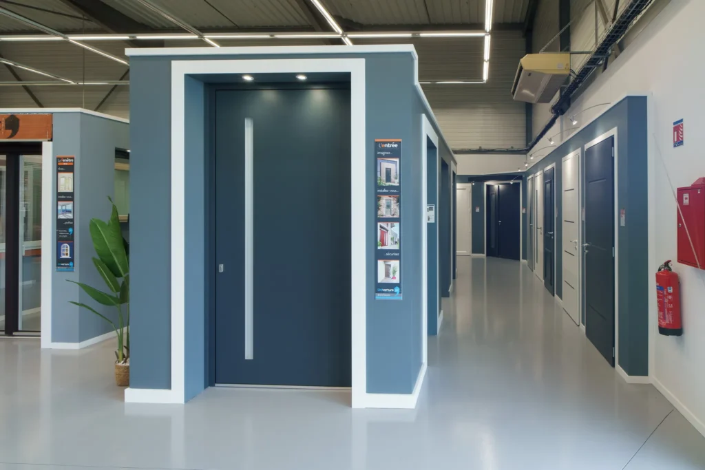 Porte d'entrée exposée dans le showroom Alutec de Montauban